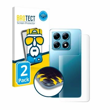 Face avant d’un emballage produit avec le logo de la marque BROTECT. À côté, l’appareil Xiaomi 14T (Arrière) est représenté av