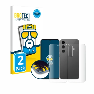 Face avant d’un emballage produit avec le logo de la marque BROTECT. À côté, l’appareil Samsung Galaxy S24 FE (Avant+Arrière) 