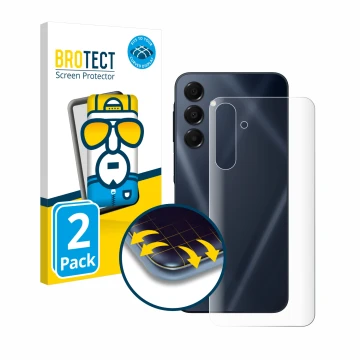 Face avant d’un emballage produit avec le logo de la marque BROTECT. À côté, l’appareil Samsung Galaxy A16 5G (Arrière) est re