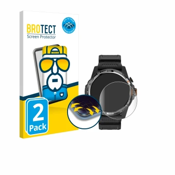 Face avant d’un emballage produit avec le logo de la marque BROTECT. À côté, l’appareil Mobvoi Ticwatch Atlas est représenté a