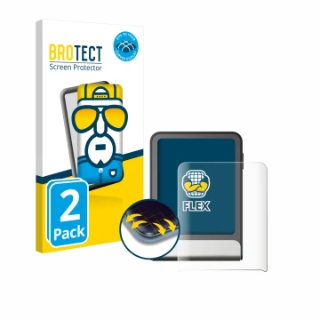 Face avant d’un emballage produit avec le logo de la marque BROTECT. À côté, l’appareil Ledger Flex est représenté avec la pro