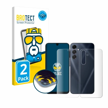 Face avant d’un emballage produit avec le logo de la marque BROTECT. À côté, l’appareil Samsung Galaxy A16 4G (Avant+Arrière) 
