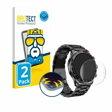 Face avant d’un emballage produit avec le logo de la marque BROTECT. À côté, l’appareil Maoo Titan Smartwatch 1.43