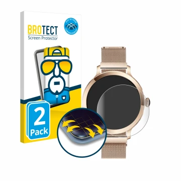 Face avant d’un emballage produit avec le logo de la marque BROTECT. À côté, l’appareil Bekomiya Smartwatch 1.1