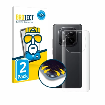 Face avant d’un emballage produit avec le logo de la marque BROTECT. À côté, l’appareil Xiaomi Redmi Note 14 Pro Plus (Arrière