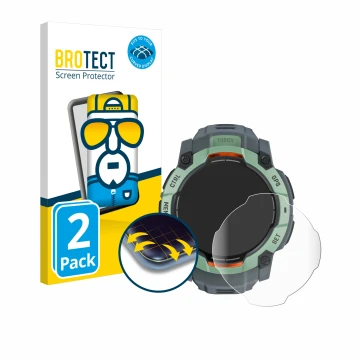 Face avant d’un emballage produit avec le logo de la marque BROTECT. À côté, l’appareil Garmin Instinct 3 AMOLED (45 mm) est r