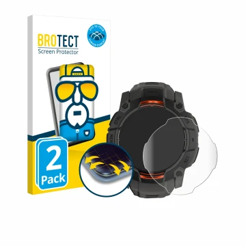 Face avant d’un emballage produit avec le logo de la marque BROTECT. À côté, l’appareil Garmin Instinct 3 Solar (45 mm) est re