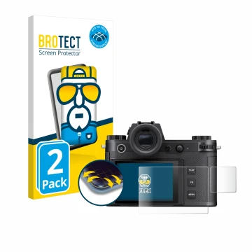 Face avant d’un emballage produit avec le logo de la marque BROTECT. À côté, l’appareil Leica SL3-S (Affichage + affichage des