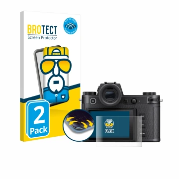 Face avant d’un emballage produit avec le logo de la marque BROTECT. À côté, l’appareil Leica SL3-S est représenté avec la pro