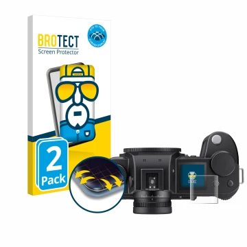 Face avant d’un emballage produit avec le logo de la marque BROTECT. À côté, l’appareil Leica SL3-S (affichage des épaules) es