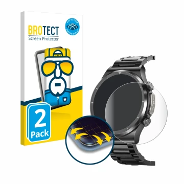 Face avant d’un emballage produit avec le logo de la marque BROTECT. À côté, l’appareil Banlvs Smartwatch 1.39