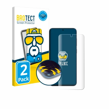 Face avant d’un emballage produit avec le logo de la marque BROTECT. À côté, l’appareil Samsung Galaxy S25 Enterprise Edition 