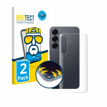 Face avant d’un emballage produit avec le logo de la marque BROTECT. À côté, l’appareil Samsung Galaxy S25 Enterprise Edition 