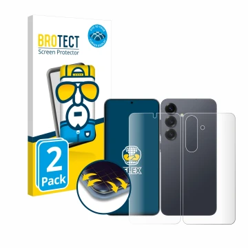 Face avant d’un emballage produit avec le logo de la marque BROTECT. À côté, l’appareil Samsung Galaxy S25 Enterprise Edition 