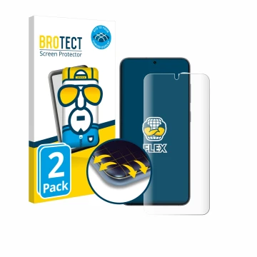 Face avant d’un emballage produit avec le logo de la marque BROTECT. À côté, l’appareil Samsung Galaxy S25 Plus Enterprise Edi