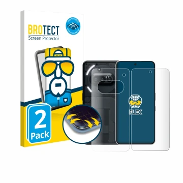 Face avant d’un emballage produit avec le logo de la marque BROTECT. À côté, l’appareil Nothing Phone (3a) (Avant+Arrière) est