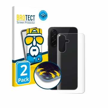 Face avant d’un emballage produit avec le logo de la marque BROTECT. À côté, l’appareil Samsung Galaxy A26 5G (Arrière) est re