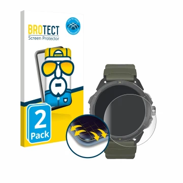 Face avant d’un emballage produit avec le logo de la marque BROTECT. À côté, l’appareil Hammer Watch 2 Military Edition est re