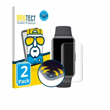 Face avant d’un emballage produit avec le logo de la marque BROTECT. À côté, l’appareil Huawei Band 10 est représenté avec la 