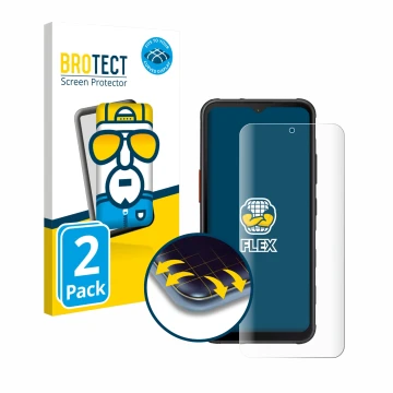 Face avant d’un emballage produit avec le logo de la marque BROTECT. À côté, l’appareil Samsung Galaxy XCover 7 Pro est représ