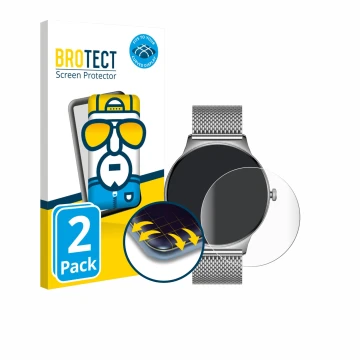 Face avant d’un emballage produit avec le logo de la marque BROTECT. À côté, l’appareil Pireware Slim Smartwatch est représent