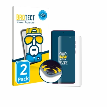 Face avant d’un emballage produit avec le logo de la marque BROTECT. À côté, l’appareil Motorola Edge 60 Pro est représenté av