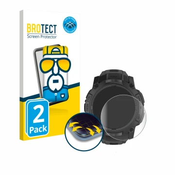 Face avant d’un emballage produit avec le logo de la marque BROTECT. À côté, l’appareil Garmin Instinct 3 Tactical AMOLED Edit