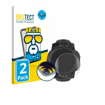 Face avant d’un emballage produit avec le logo de la marque BROTECT. À côté, l’appareil Garmin Instinct 3 Solar Tactical Editi