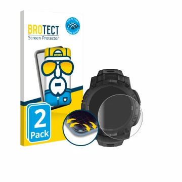Face avant d’un emballage produit avec le logo de la marque BROTECT. À côté, l’appareil Garmin Instinct 3 Solar Tactical Editi