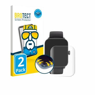 Face avant d’un emballage produit avec le logo de la marque BROTECT. À côté, l’appareil Hama Smartwatch 6010 est représenté av
