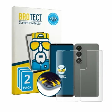 Face avant d’un emballage produit avec le logo de la marque BROTECT. À côté, l’appareil Sony Xperia 1 VII (Avant+Arrière) est 