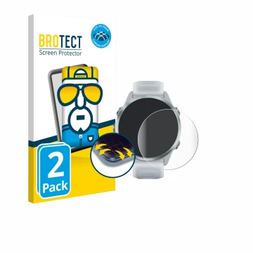 Face avant d’un emballage produit avec le logo de la marque BROTECT. À côté, l’appareil Garmin Forerunner 570 (42 mm) est repr