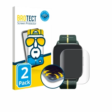 Face avant d’un emballage produit avec le logo de la marque BROTECT. À côté, l’appareil Motorola Moto watch fit est représenté
