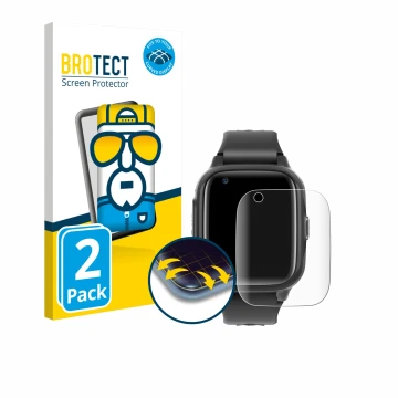 Face avant d’un emballage produit avec le logo de la marque BROTECT. À côté, l’appareil Krostming Kids Smartwatch GPS 4G est r