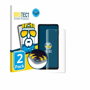 Face avant d’un emballage produit avec le logo de la marque BROTECT. À côté, l’appareil Sharp Aquos Sense 8 est représenté ave