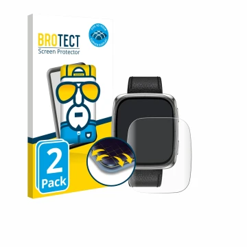 Face avant d’un emballage produit avec le logo de la marque BROTECT. À côté, l’appareil Amazfit Active 2 (rectangulaire) est r