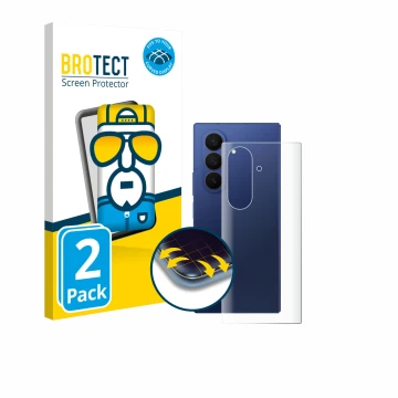 Face avant d’un emballage produit avec le logo de la marque BROTECT. À côté, l’appareil Samsung Galaxy Z Fold 7 (Arrière) est 