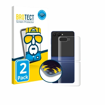 Face avant d’un emballage produit avec le logo de la marque BROTECT. À côté, l’appareil Samsung Galaxy Z Flip 7 (Arrière) est 