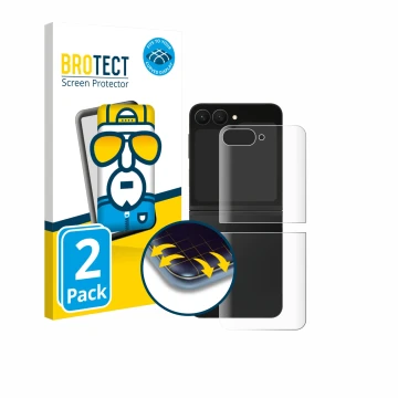Face avant d’un emballage produit avec le logo de la marque BROTECT. À côté, l’appareil Samsung Galaxy Z Flip 7 FE (Arrière) e
