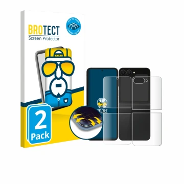 Face avant d’un emballage produit avec le logo de la marque BROTECT. À côté, l’appareil Samsung Galaxy Z Flip 7 FE (Avant+Arri