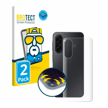 Face avant d’un emballage produit avec le logo de la marque BROTECT. À côté, l’appareil Samsung Galaxy A17 5G (Arrière) est re