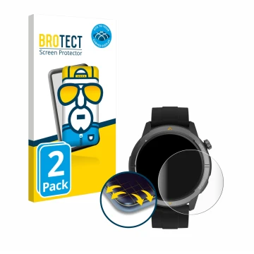 Face avant d’un emballage produit avec le logo de la marque BROTECT. À côté, l’appareil AGM Legion Watch 1.43