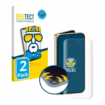 Face avant d’un emballage produit avec le logo de la marque BROTECT. À côté, l’appareil Google Pixel 10 Pro Fold est représent