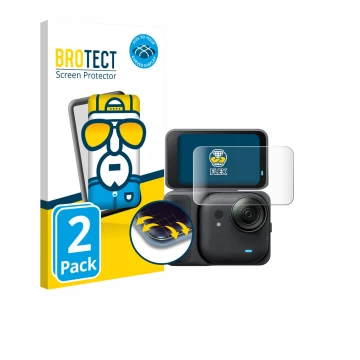 Face avant d’un emballage produit avec le logo de la marque BROTECT. À côté, l’appareil Insta360 Go Ultra est représenté avec 