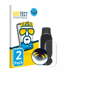 Face avant d’un emballage produit avec le logo de la marque BROTECT. À côté, l’appareil Xiaomi Smart Band 10 est représenté av