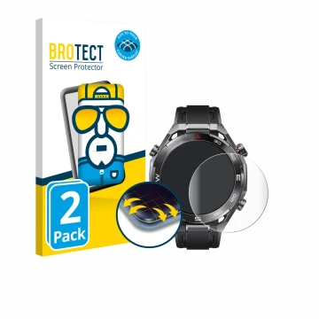 Face avant d’un emballage produit avec le logo de la marque BROTECT. À côté, l’appareil Huawei Watch Ultimate 2 Black est repr