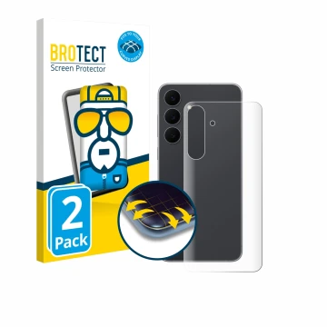 Face avant d’un emballage produit avec le logo de la marque BROTECT. À côté, l’appareil Samsung Galaxy S25 FE Enterprise Editi
