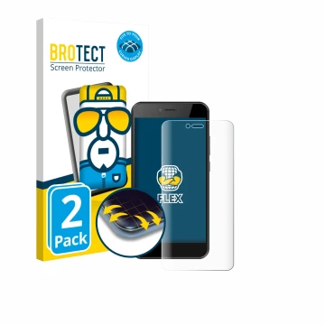 Face avant d’un emballage produit avec le logo de la marque BROTECT. À côté, l’appareil HTC Wildfire E5 Life est représenté av