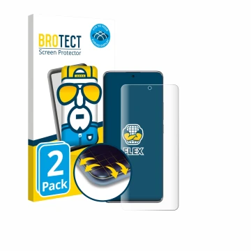 Face avant d’un emballage produit avec le logo de la marque BROTECT. À côté, l’appareil Xiaomi Redmi Note 14 Pro Plus 5G est r