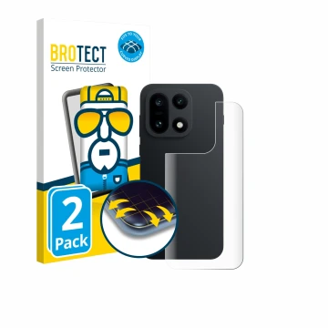 Face avant d’un emballage produit avec le logo de la marque BROTECT. À côté, l’appareil OnePlus 15 (Arrière) est représenté av